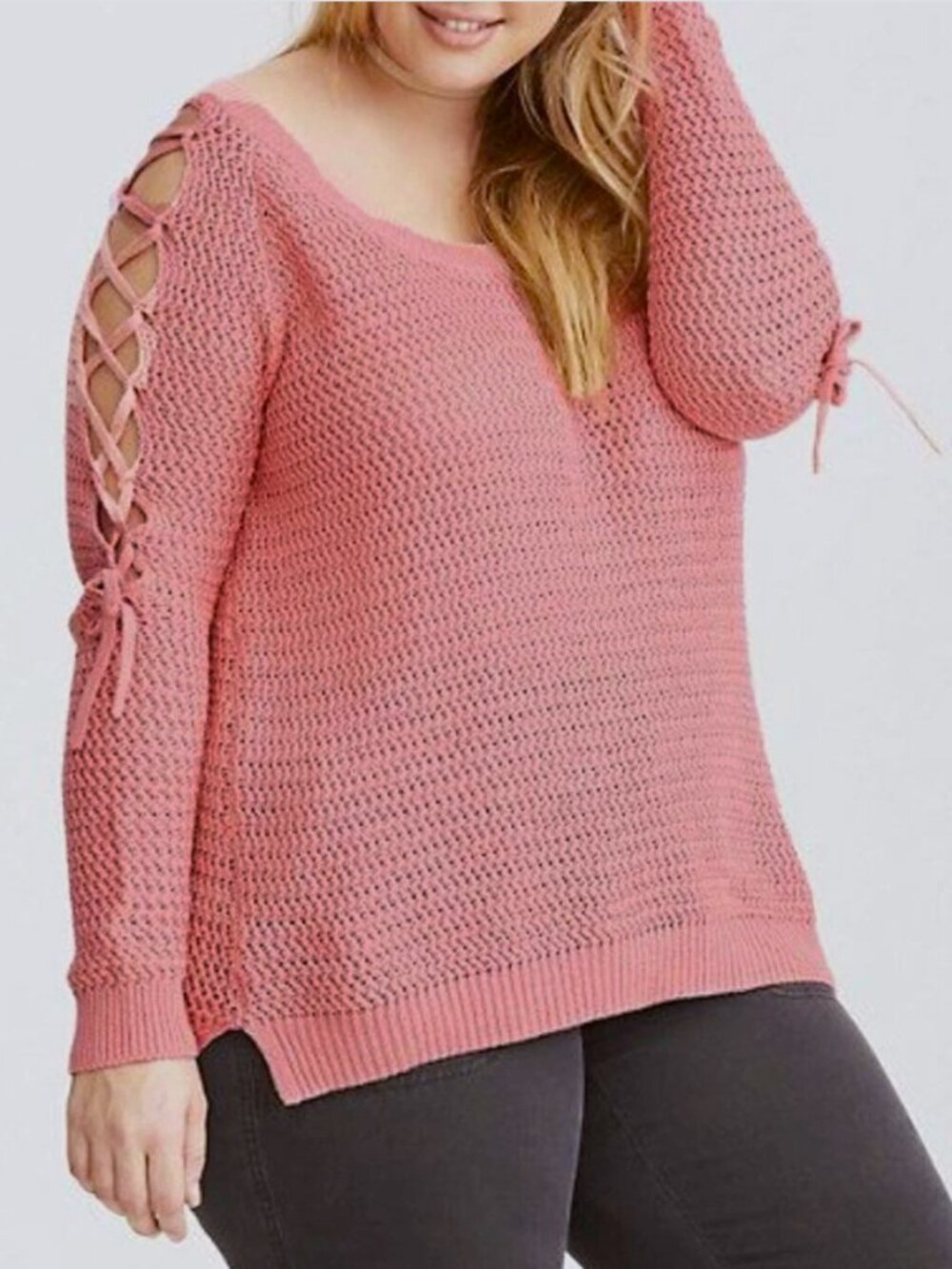 Torrid 2X - Lace Up Sleeve Knit Sweater - Peach/Coral Long Sleeve Scoop Neck